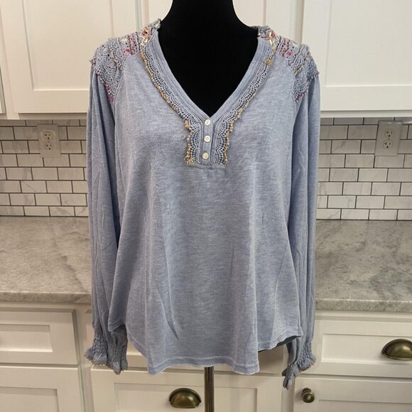 Free People Tops - Free People Top Womens Blue Crochet Embroidered Henley Boho Tunic Shirt